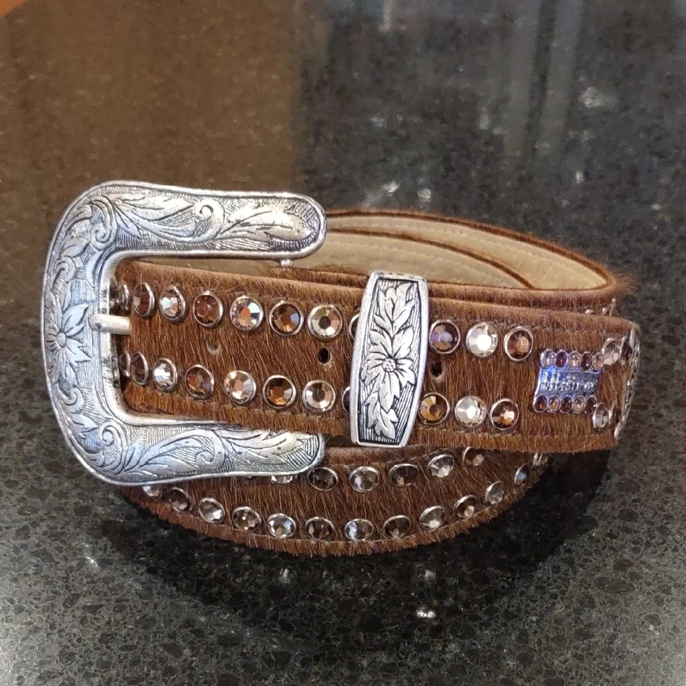 B.B. Simon | Crystal Embellished Brown Calf Hair Cowgirl Formal Western Belt